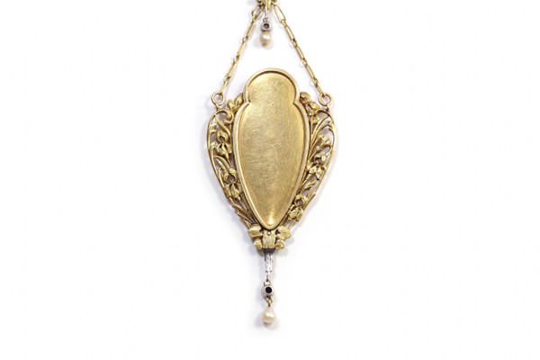 Collana iris e ninfee stile Art Nouveau francese in oro 18 carati, Collana Art Nouveau con diamanti 