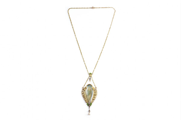 Collana iris e ninfee stile Art Nouveau francese in oro 18 carati, Collana Art Nouveau con diamanti 