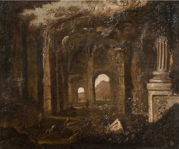 Abraham Van Cuylenborch – Scène animée dans un temple antique en ruines