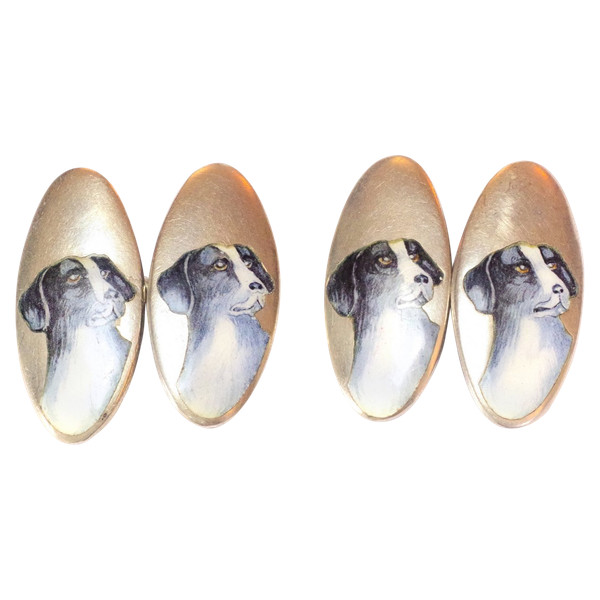 Gemelli in argento Art Déco con cane, smalto, gioielli da uomo