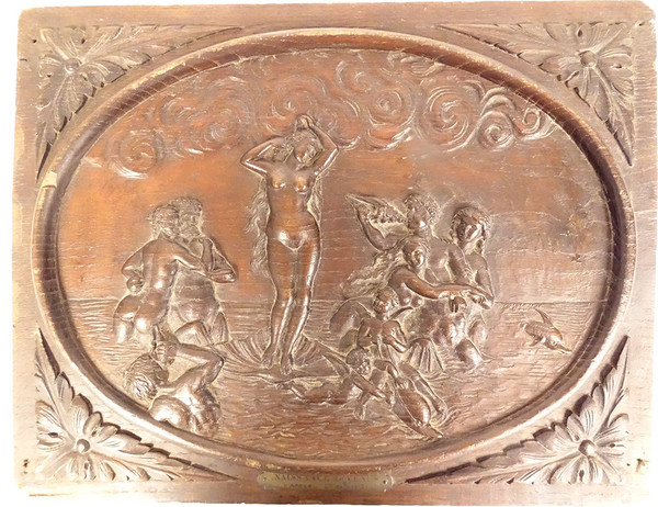 Paire Panneaux Bois Sculpté Toilette Naissance Vénus De Vinci Servet XXème