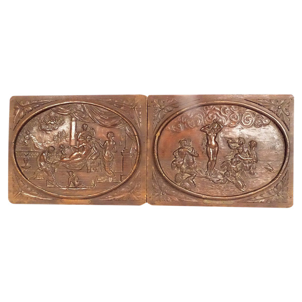 Paire Panneaux Bois Sculpté Toilette Naissance Vénus De Vinci Servet XXème