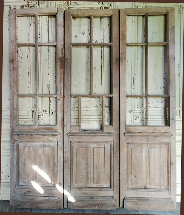 Trois Portes Vitrées Anciennes En Chêne Cloison Séparation Vitrée