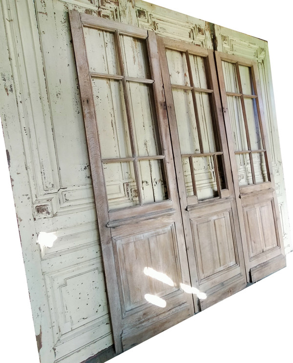 Trois Portes Vitrées Anciennes En Chêne Cloison Séparation Vitrée