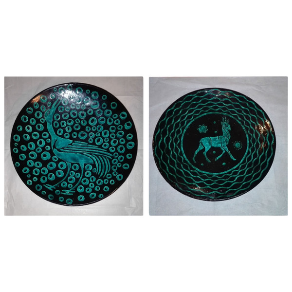 Pair of Émile Balon Blois factory dishes decorated by Églantine Lemaitre, daughter of Robert Houdin