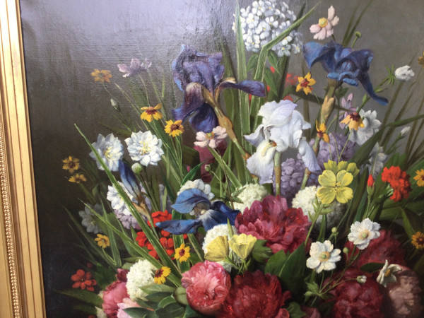 Großes Blumengemälde von Joseph Amouroux aus dem Jahr 1879