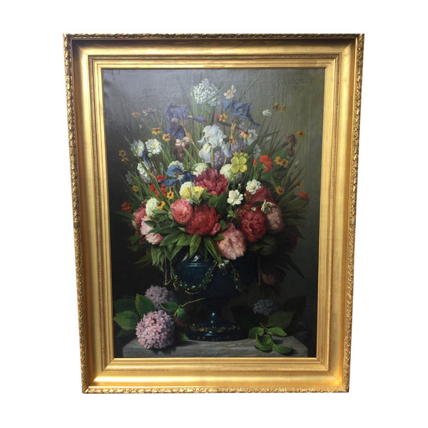 Großes Blumengemälde von Joseph Amouroux aus dem Jahr 1879