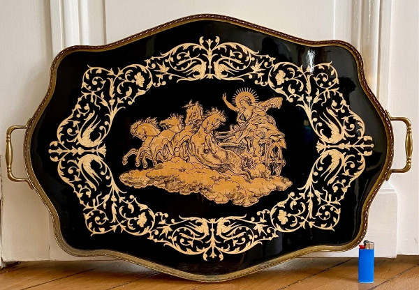 Italy, Intarsitalia, Circa 1960, Lacquered Wood Tray Phaethon Decor On The Chariot Of The Sun.