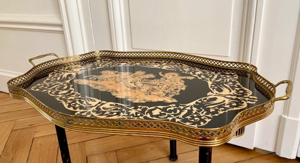 Italy, Intarsitalia, Circa 1960, Lacquered Wood Tray Phaethon Decor On The Chariot Of The Sun.