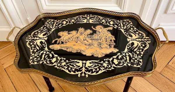 Italy, Intarsitalia, Circa 1960, Lacquered Wood Tray Phaethon Decor On The Chariot Of The Sun.