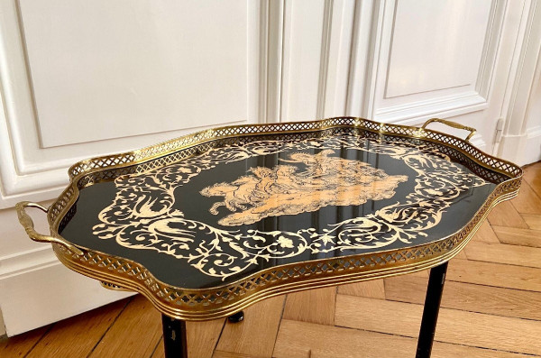 Italy, Intarsitalia, Circa 1960, Lacquered Wood Tray Phaethon Decor On The Chariot Of The Sun.