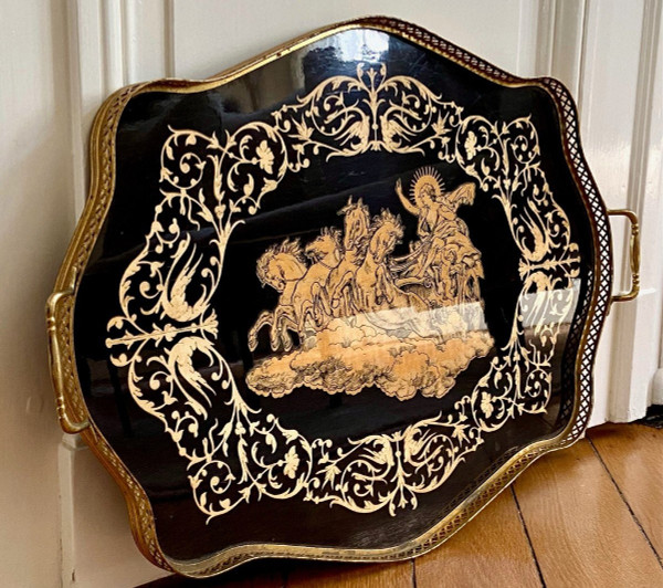 Italy, Intarsitalia, Circa 1960, Lacquered Wood Tray Phaethon Decor On The Chariot Of The Sun.