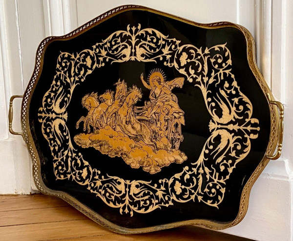 Italy, Intarsitalia, Circa 1960, Lacquered Wood Tray Phaethon Decor On The Chariot Of The Sun.