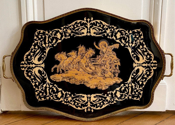 Italy, Intarsitalia, Circa 1960, Lacquered Wood Tray Phaethon Decor On The Chariot Of The Sun.