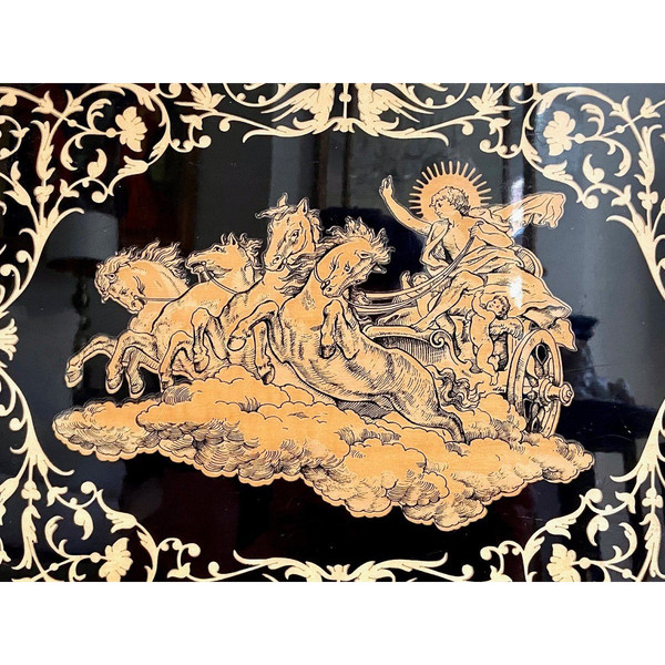 Italy, Intarsitalia, Circa 1960, Lacquered Wood Tray Phaethon Decor On The Chariot Of The Sun.