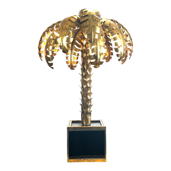 PALMENLAMPE AUS GOLDENEM METALL MIT GLASPLATTE IM STIL DER 70ER JAHRE