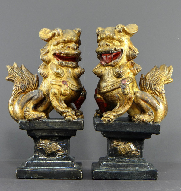 China, First Half of the 20th Century, Pair Of Polychrome Temple Guardian Lions.