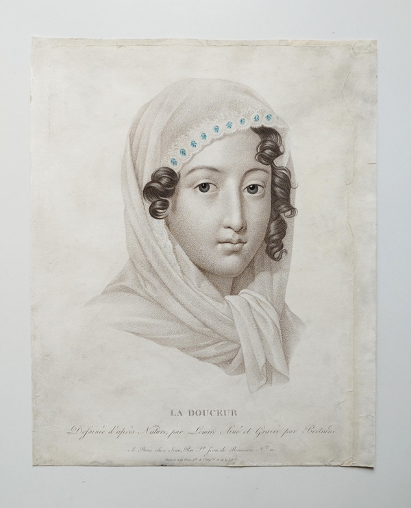 La Douceur Gravure d'Après Lemire époque Empire Portrait De Femme 19ème
