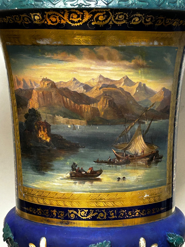 Importante Coppia di Vasi Medici in Porcellana Inizi del XIX Secolo - Impero - Restauro H 70 Cm