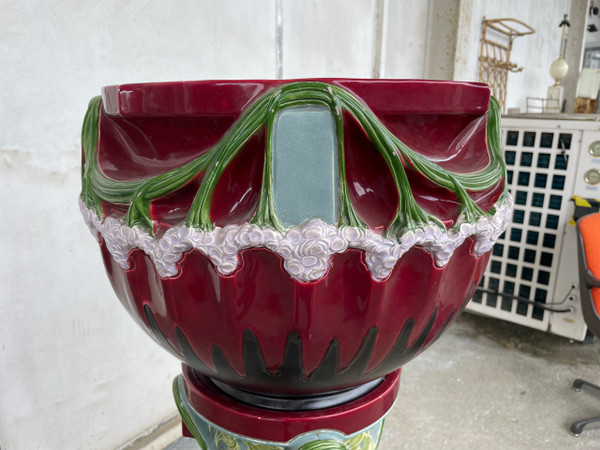 Large Jugendstil Art Nouveau Barbotine Basin And Column
