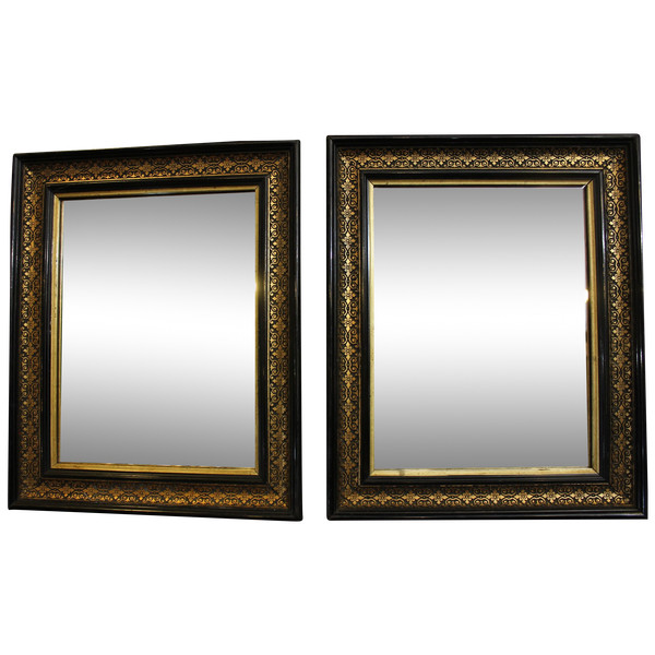 28 X 34 Cm, Paire De Miroirs Rectangle Napoléon III, Noir Et Or 