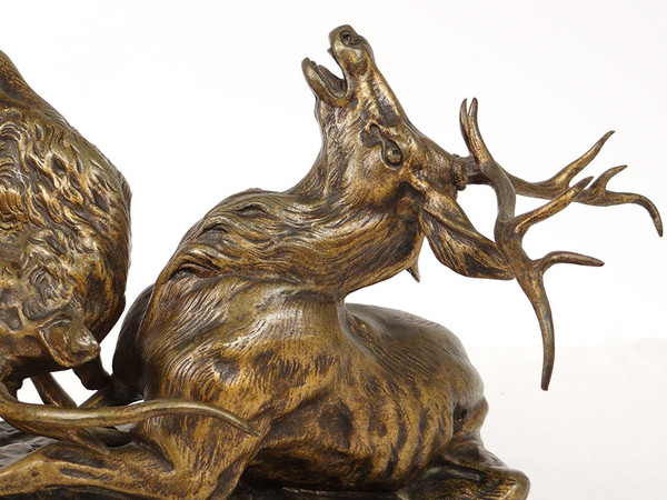 Scultura in bronzo Thomas François Cartier Combat De Cerfs Animalier XX secolo