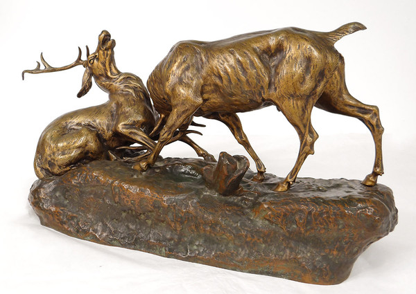 Scultura in bronzo Thomas François Cartier Combat De Cerfs Animalier XX secolo