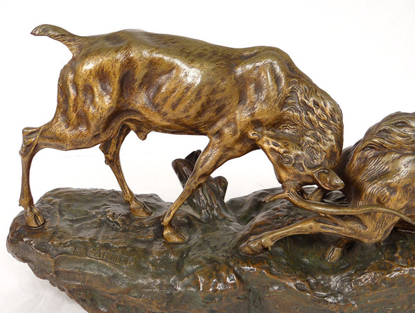Scultura in bronzo Thomas François Cartier Combat De Cerfs Animalier XX secolo