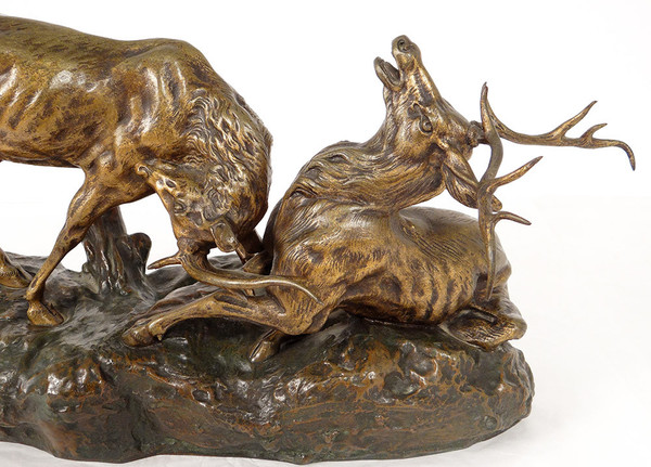 Scultura in bronzo Thomas François Cartier Combat De Cerfs Animalier XX secolo
