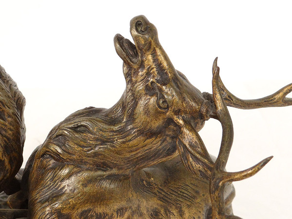 Scultura in bronzo Thomas François Cartier Combat De Cerfs Animalier XX secolo