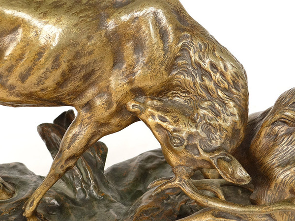 Scultura in bronzo Thomas François Cartier Combat De Cerfs Animalier XX secolo