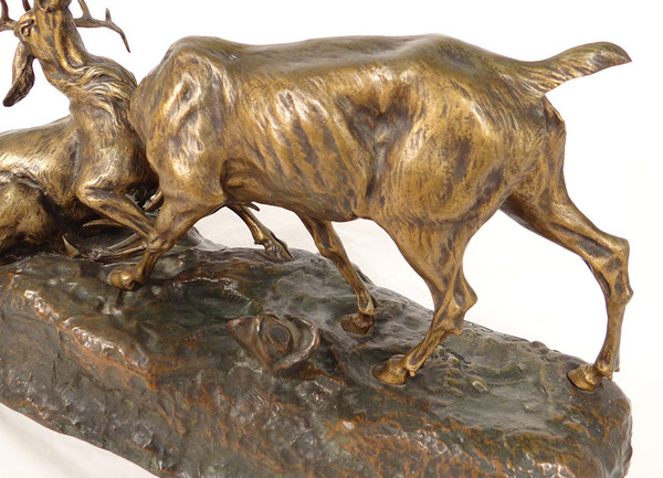 Scultura in bronzo Thomas François Cartier Combat De Cerfs Animalier XX secolo