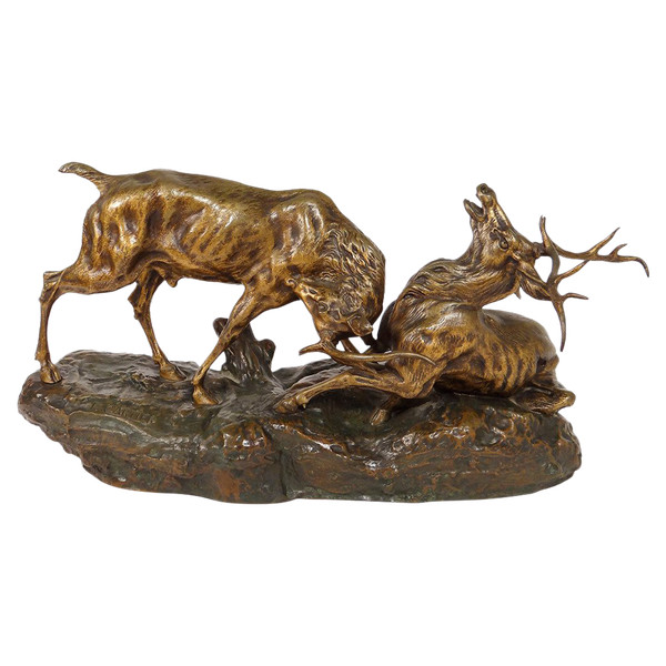 Scultura in bronzo Thomas François Cartier Combat De Cerfs Animalier XX secolo