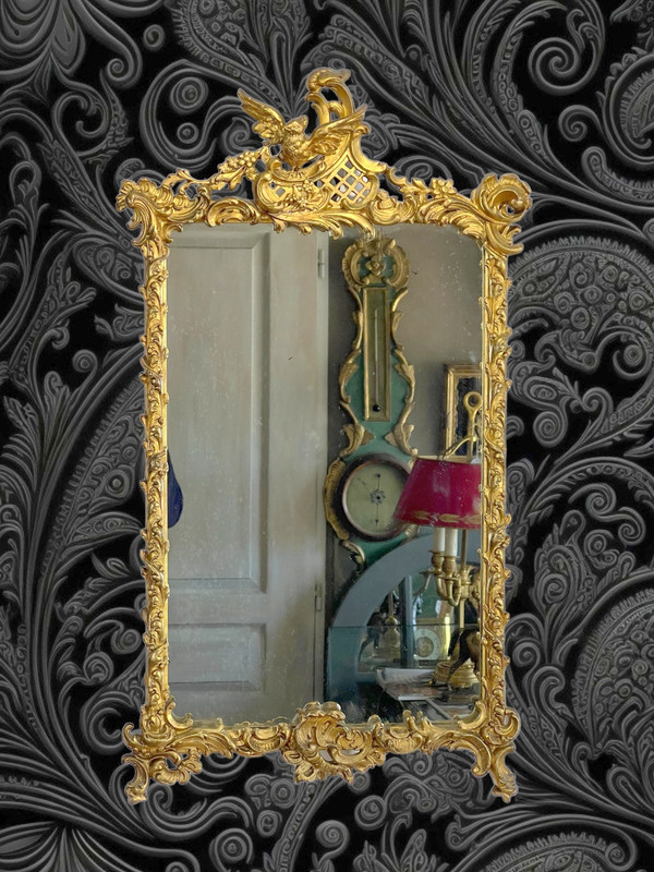 SPECCHIO DEL XIX SECOLO IN LEGNO E STUCCO DORATO IN STILE LOUIS XV ( FRONTIERA CON UCCELLO )