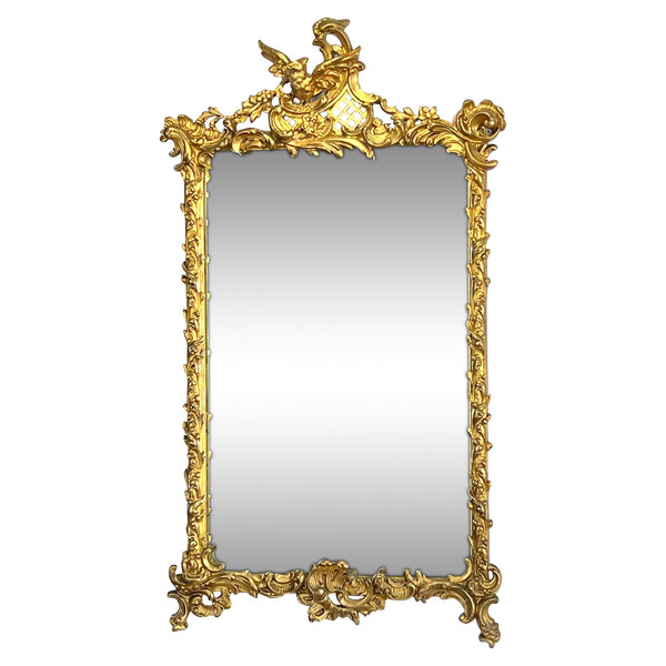 SPECCHIO DEL XIX SECOLO IN LEGNO E STUCCO DORATO IN STILE LOUIS XV ( FRONTIERA CON UCCELLO )