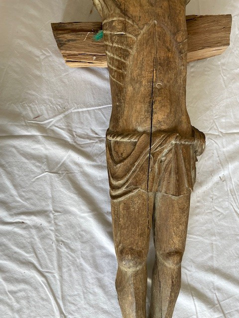 Christ of the crucifixion carved wooden figure with traces of polychromy