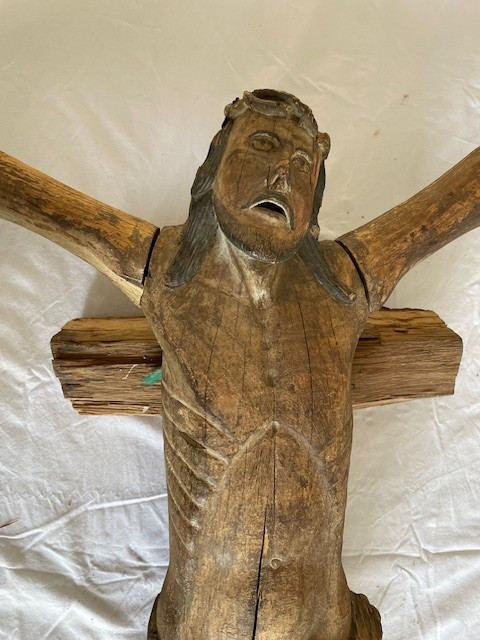 Christ of the crucifixion carved wooden figure with traces of polychromy