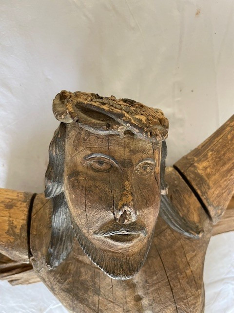 Christ of the crucifixion carved wooden figure with traces of polychromy
