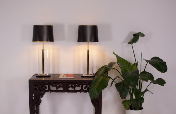 Coppia di lampade in plexiglas e ottone.