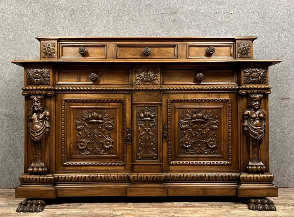 walnut Renaissance-style tiered buffet with caryatids, circa 1880