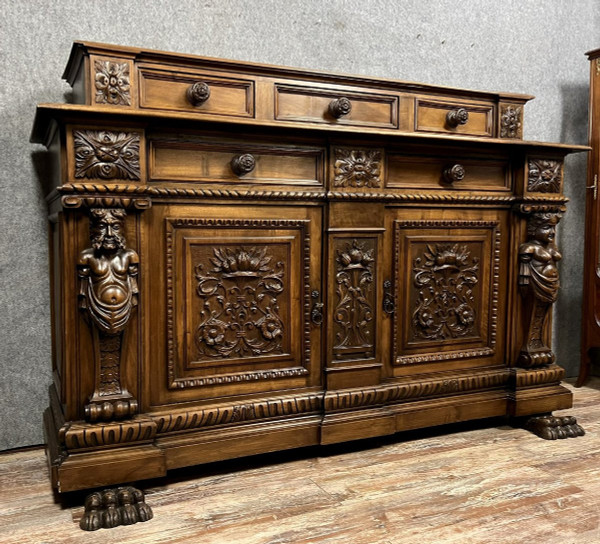 walnut Renaissance-style tiered buffet with caryatids, circa 1880