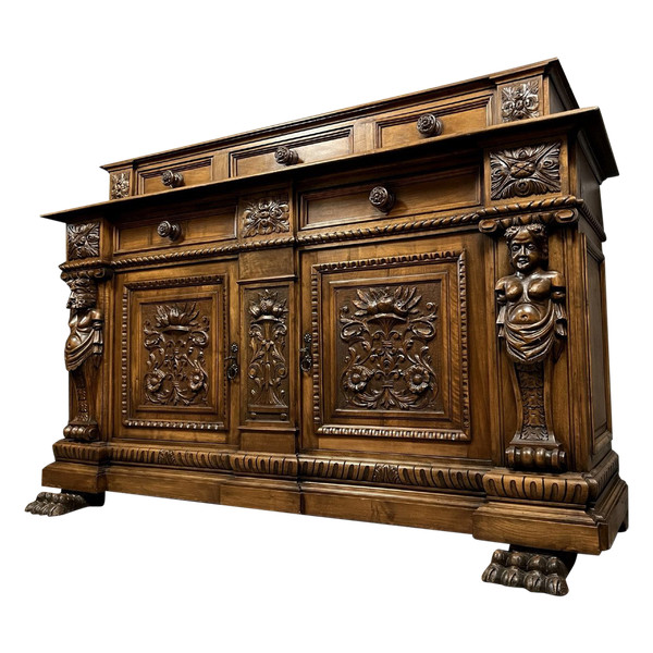 walnut Renaissance-style tiered buffet with caryatids, circa 1880