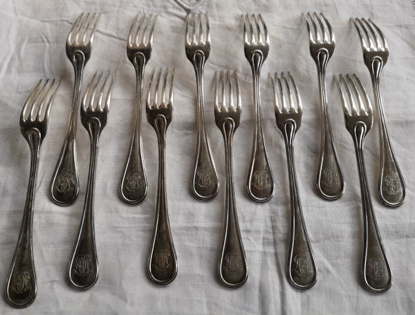 12 couverts de table en argent massif minerve monogramme orfèvre Jean Granvigne mi XIXème