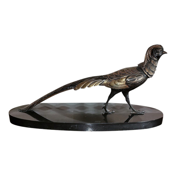 Art Deco sculpture of a gilded pheasant on a marble base, signed ( Salvatore Mélanie )