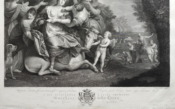Etching Mythological Engraving After Veronese The Rape Of Europa 18th C Old Print