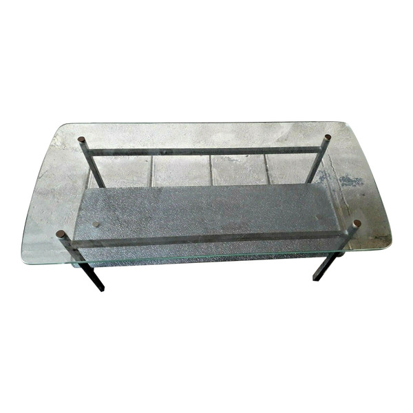 Table basse en verre et métal noir style Jacques Hitier année 60