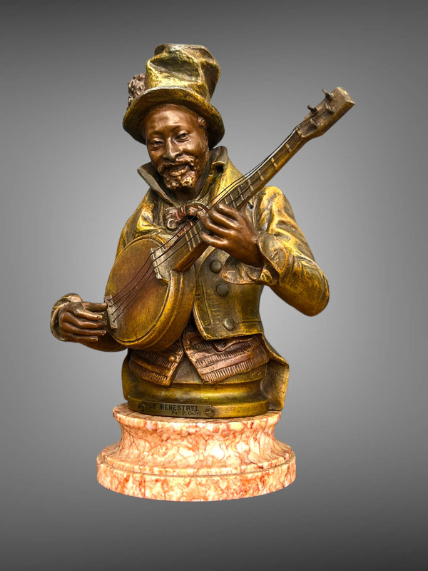PIETRO CALVI 1833 - 1884 "IL MENESTRELLO" UOMO CHE SUONA IL BANJO IN GRES PATINATO