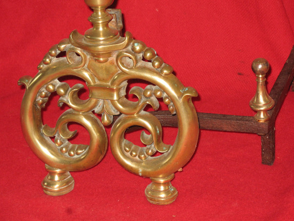 Paire de chenets landiers en bronze et fer forgé complets époque 19ème style Renaissance