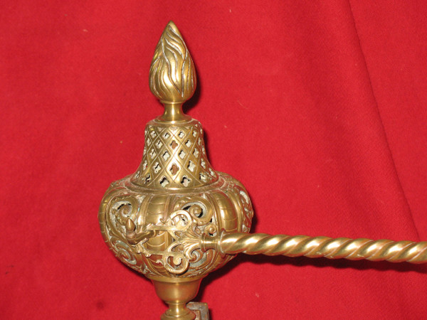 Paire de chenets landiers en bronze et fer forgé complets époque 19ème style Renaissance