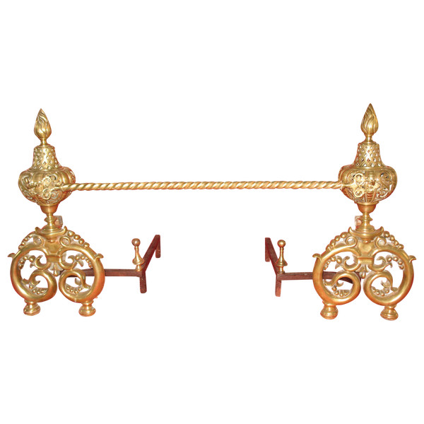 Paire de chenets landiers en bronze et fer forgé complets époque 19ème style Renaissance